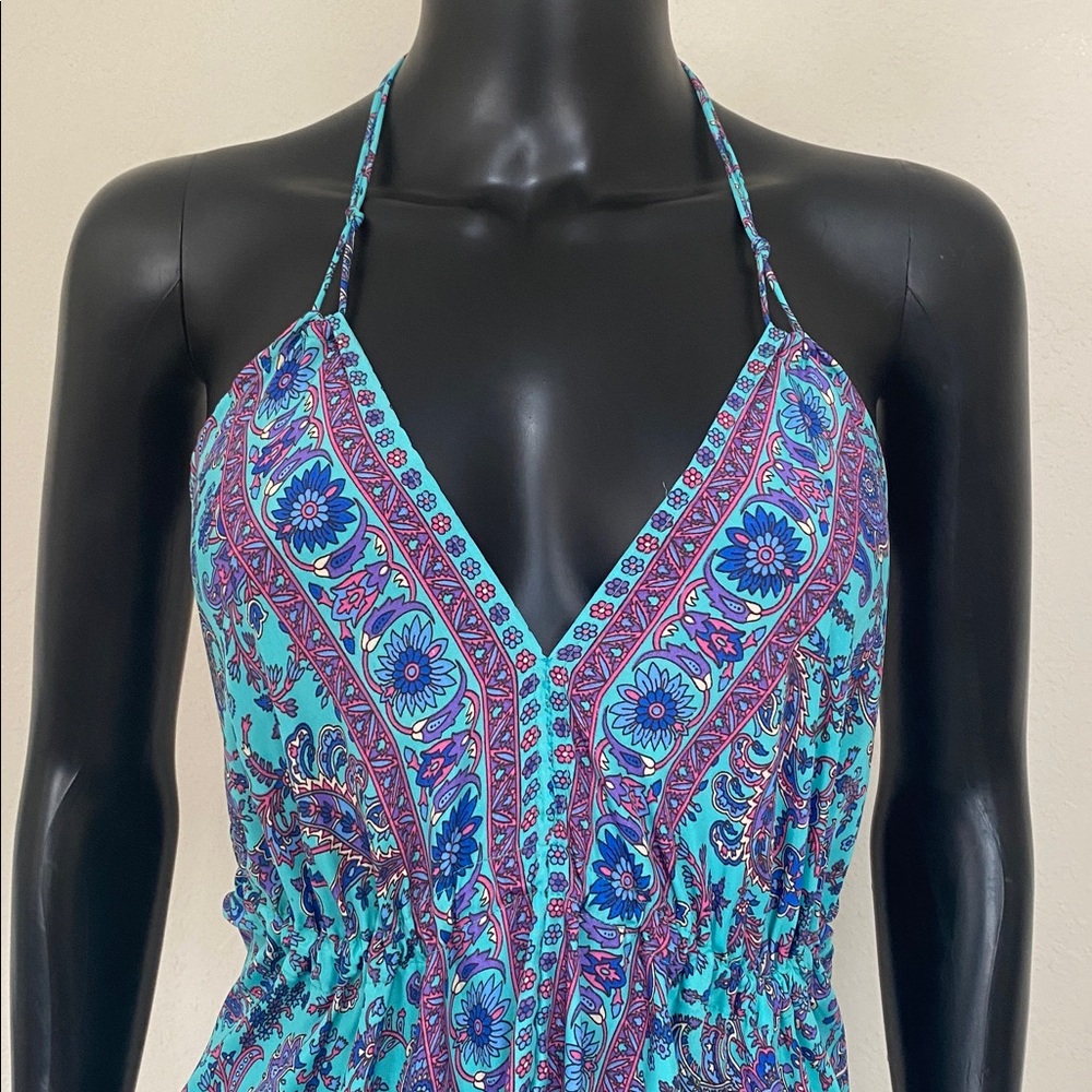 Sleeveless Teal Purple & Pink Silk Floral V-Neck Adjustable Size S M L Dress - Picture 10 of 15